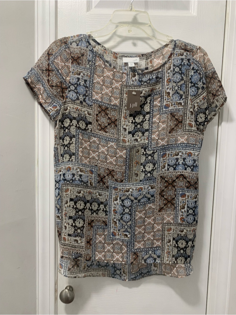 J. Jill Blue and Brown Patchwork-Style Short Sleeve Blouse